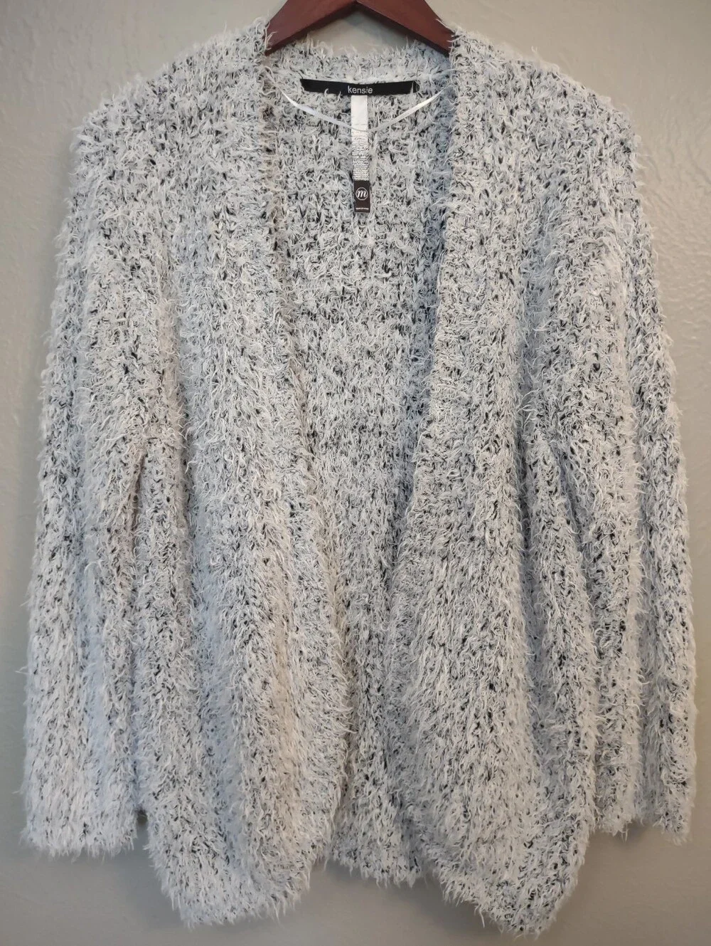 Kensie Open Front Fuzzy Eyelash Knit Cardigan Sweater Grey Black Women's Medium